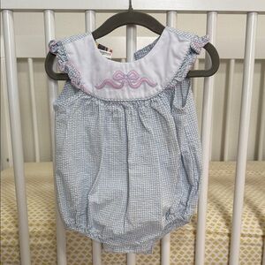 Baby Blue Gingham Seersucker Bubble with Pink Bow Embroidery